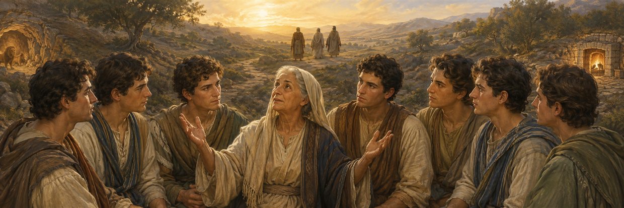 A mother exhorts her seven sons while a dawn-lit path evokes the faithful patriarchs who came before them